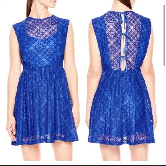 Sandro Paris Mikka Lace Dress Blue Tie Back Mini Fit & Flare Party Cocktail - Picture 1 of 11